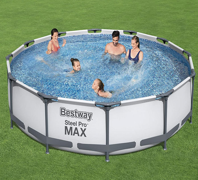 A family swim and play in the Bestway-12'-by-30'-Steel-Frame-Pool-with-circulation-pump