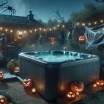 A hot tub is decorated ready for a halloween party