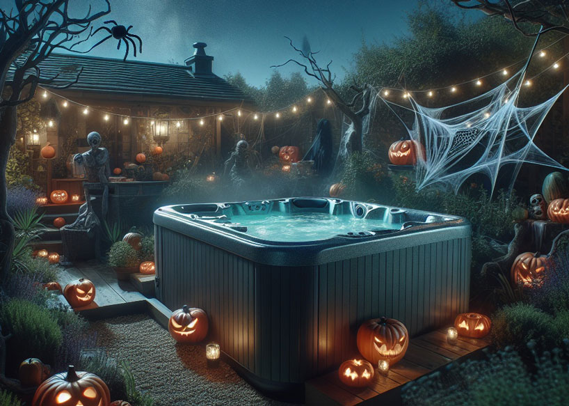 A hot tub is decorated ready for a halloween party