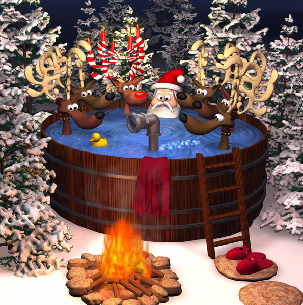 Santa relaxes in a Hot Tub with his reindeers whilst delivering gifts in Surrey UK