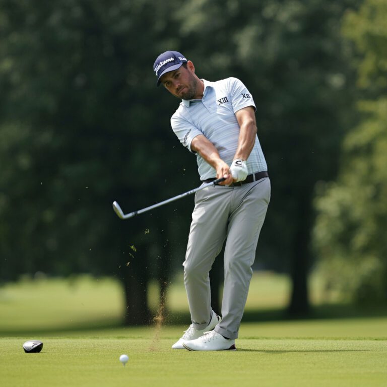 A golfer practices with his 9 iron before teeing off.