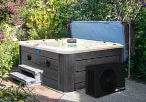 An installed heat pump next to a hot tub in a surry back garden