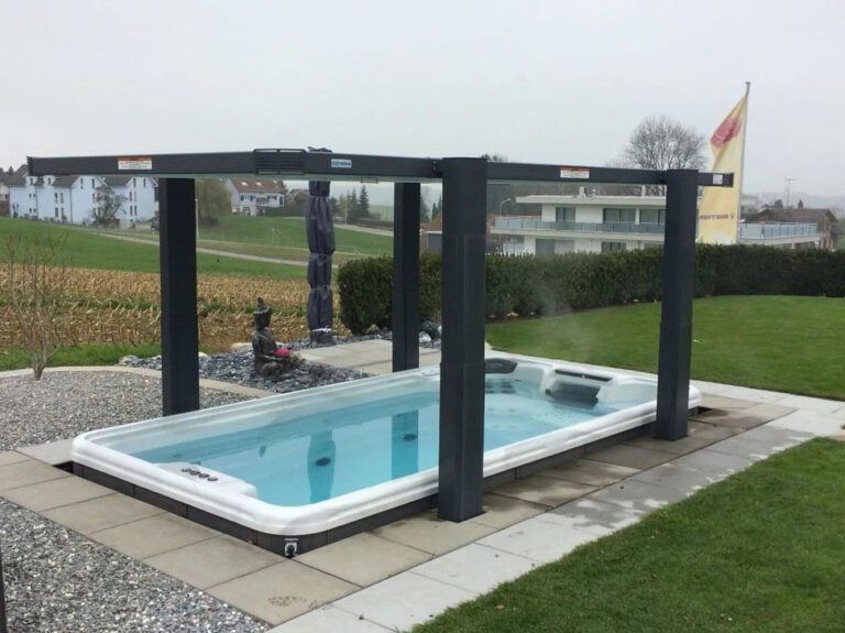 Swim spa is built into the patio