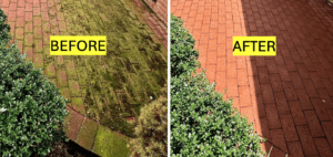 The before and after example of how good sodium hypochlorite is for cleaning a patio