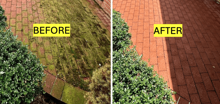The before and after example of how good sodium hypochlorite is for cleaning a patio